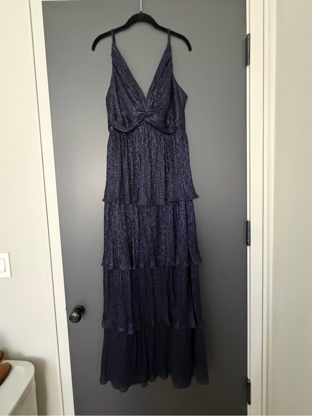 Betsy Adam Navy Tiered Shine Formal Dress